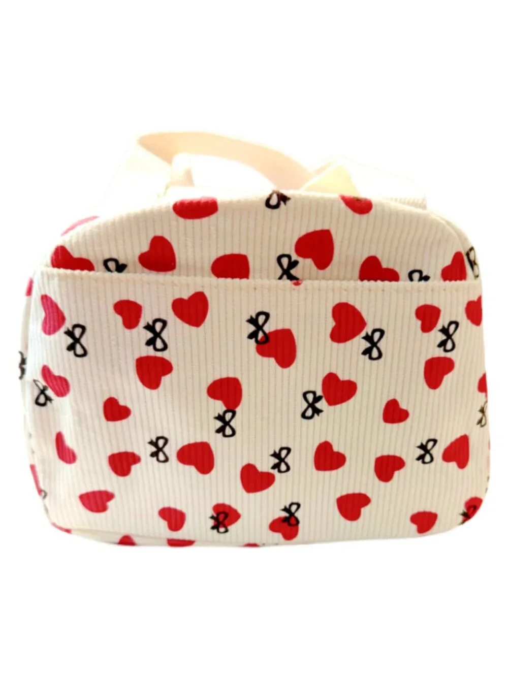 Insulated Heart Lunch Bag Container School Work Travel Cream Corduroy NEW